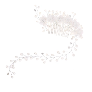 Handmade bridal hair comb and headband set with white ceramic flowers and pearls