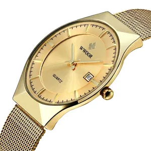 Men's gold minimalist quartz watch with mesh strap and date display on a white background
