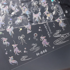 Laser gold butterfly and fish tail nail art sticker M-646 with a 3D holographic finish
