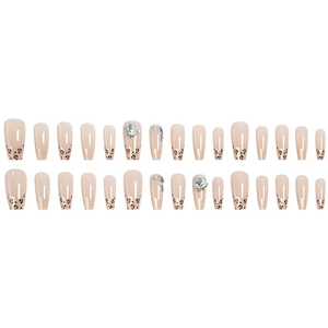 Long coffin leopard print press-on nails with sparkling rhinestones and nude base