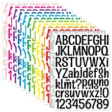 Macro detail of colorful 1-inch waterproof vinyl alphabet and number sticker set