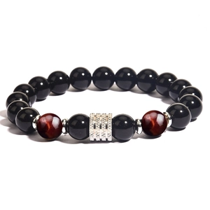 Tiger eye and black obsidian beaded bracelet for men with textured metal focal bead