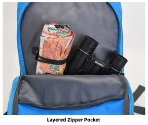 Detail view of the backpack's internal zippered layers holding an umbrella and telescope