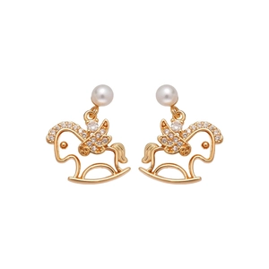 Elegant gold-plated rocking horse earrings featuring white pearls and sparkling cubic zirconia