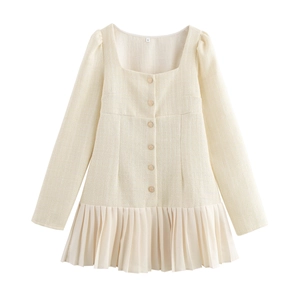 Robe Courte Élégante En Tweed À Manches Longues Col Carré Boutonnée Ourlet Plissé Blanc Crème Style Vintage