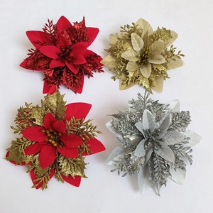 Detailed view of 14cm glitter artificial Christmas flowers in red, gold, and silver