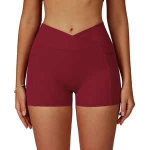 Burgundy high waist yoga shorts with V-cross waistband and side pockets for fitness