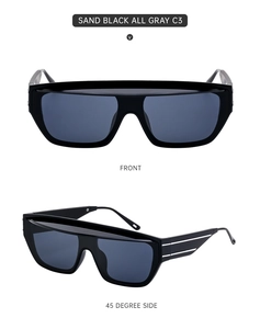 Front and 45-degree views of square sand black sunglasses with gray lenses and silver trim