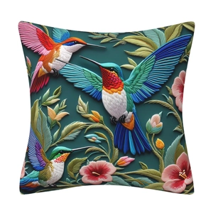 3D floral throw pillow cover featuring colorful hummingbirds on dark green fabric