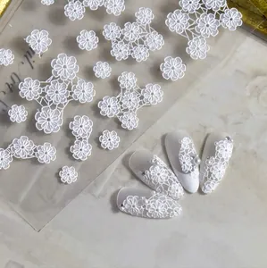 5D Embossed Nail Stickers White Lace Flower 3D Self Adhesive Nail Art Decoration Elegant Floral Decals