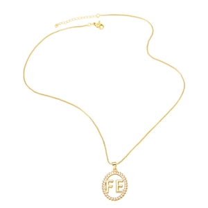 Gold plated oval FE letter cross pendant necklace with cubic zirconia pave setting
