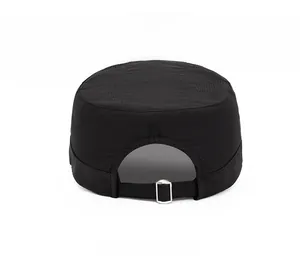 Detail of adjustable metal buckle and breathable mesh on quick-dry flat top cap