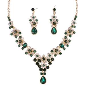 Elegant gold bridal jewelry set with emerald green waterdrop crystals and floral rhinestones