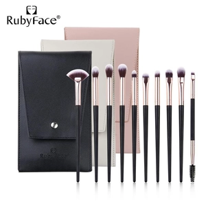 Professional 10-piece makeup brush set with fiber bristles and three colored PU pouches
