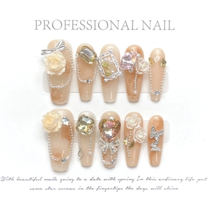Handmade Press On Nails 3D White Rose Alloy Metal Bow Rhinestone Artificial Pearl Coffin Shape Luxury Long Fake Nails Women