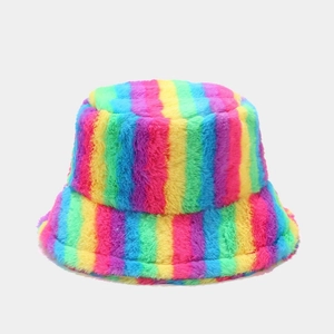 Plush rainbow striped bucket hat for women winter thickened warm fluffy basin sun cap