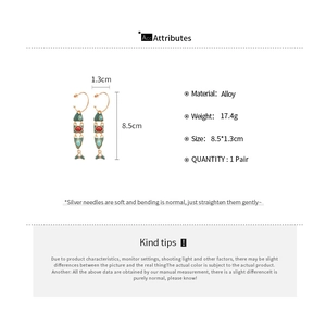 Detail showing enamel fish tassel earrings with dimensions 8.5x1.3cm and 17.4g weight