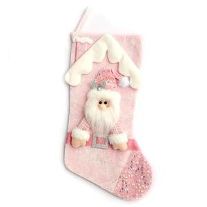 Pink sequin Christmas stocking with 3D Santa Claus figure on a clean white background