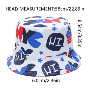 Détail des dimensions du chapeau bob avec tour de tête et motifs imprimés NYC