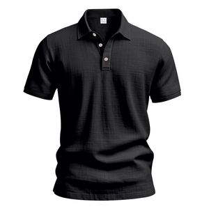 Detail of black linen polo shirt showing breathable fabric texture and collar design