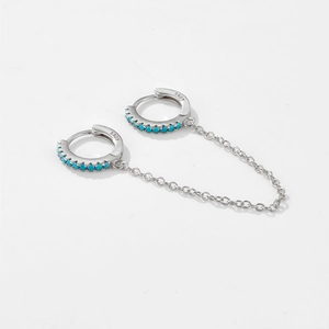 S925 sterling silver double piercing hoop earrings with blue stones and tassel chain