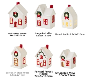 Detailed view of ceramic Christmas house ornaments with warm LED lights and dimensions