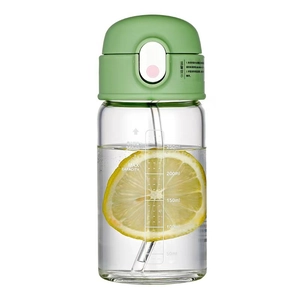 Bottiglia d'acqua in vetro da 360ml con cannuccia, scala graduata e tappo verde