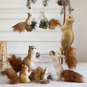 Set of decorative foam squirrel ornaments with fluffy tails for Christmas tree and desk