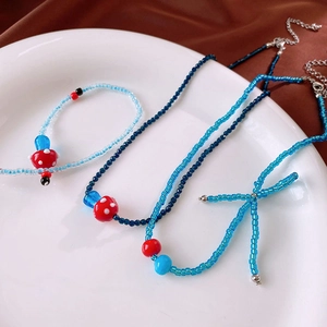Mushroom Bow Beaded Necklace Glass Beads Alloy Titanium Steel Sweet Aesthetic Fresh Jewelry For Women Adjustable