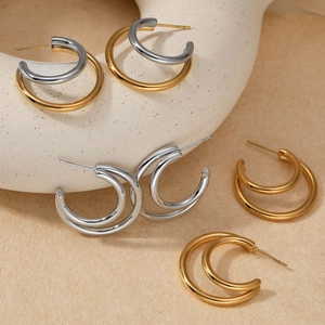 Classic gold and silver double-layer C-shaped stainless steel hoop earrings for women