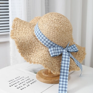 Women Wide Brim Straw Sun Hat Paper Woven Frayed Edge Gingham Ribbon Bow Beach Vacation UV Protection Breathable