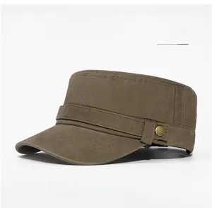 Detail shot of army green cadet cap with vintage metal buckle and durable cotton fabric