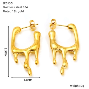 Detail of molten liquid style earrings in 18k gold plated stainless steel with dimensions