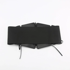 Women vintage wide elastic waist belt with metal zipper and lace-up corset decoration