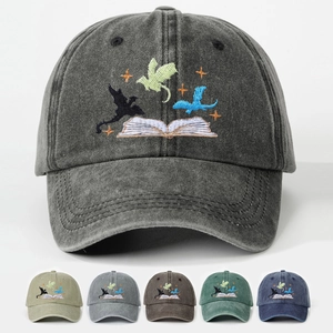 Vintage Washed Cotton Baseball Cap With Flying Dragons And Book Embroidery Adjustable Sun Shade Hat For Men Women
