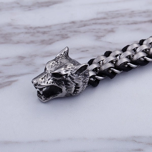 Vintage silver double wolf head woven bracelet with stainless steel clasp for men