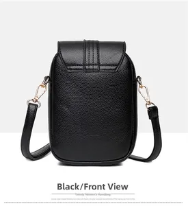 Front detail of black pebble leather crossbody phone bag with gold metal hardware hooks