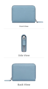 Sky blue litchi grain leather wallet with RFID protection and multi-angle views
