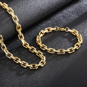 Polished 18K gold-plated stainless steel necklace and bracelet set with hex link design