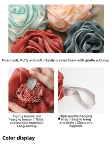 Detail of rose-shaped bath sponge showing fine PE mesh texture and durable hanging rope