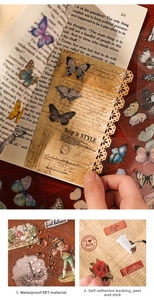 Waterproof vintage PET stickers with butterflies and floral motifs on old book paper