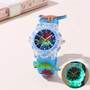 Luminous blue silicone kids watch featuring 3D dinosaur patterns and quartz movement