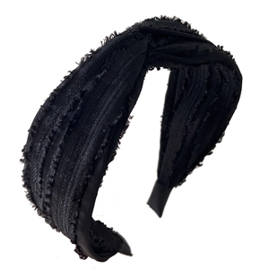 French style wide black fabric headband with vintage knot design and textured raw edges