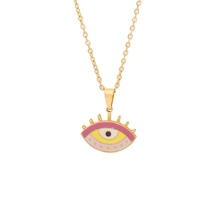 Golden necklace with pink and yellow enamel eye pendant featuring long golden eyelashes