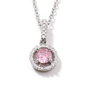 Elegant geometric necklace featuring a round pink stone haloed by white sparkling zircons