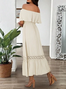 Off-shoulder beige maxi dress with ruffle details and lace paneling for summer wear
