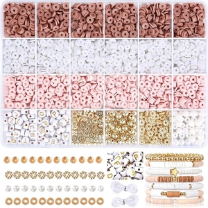 DIY jewelry kit detail featuring colorful clay beads, letter beads and gold spacer beads
