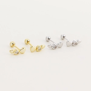 Elegant S925 silver triple heart screw-back earrings with sparkling crystals in gold and silver