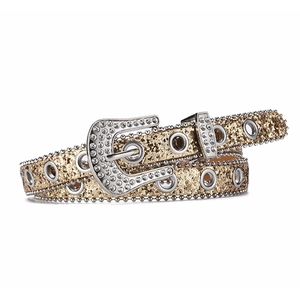 Y2K fashion sequin belt for women with rhinestone buckle and silver metal eyelets