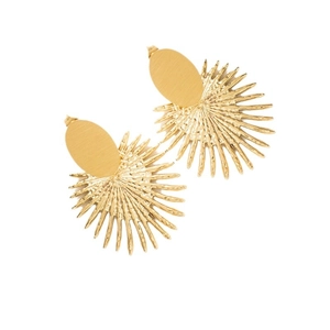 Vintage bohemian gold fan-shaped drop earrings with radiant sunburst textured design